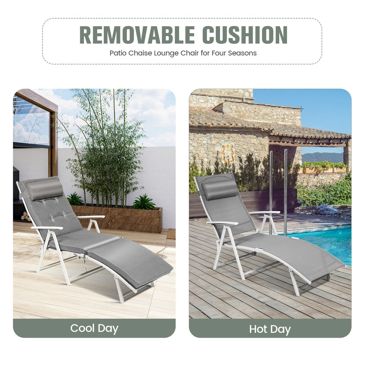 Folding Chaise Lounge with Removable Cushion and Pillow, 7 Positions, Gray