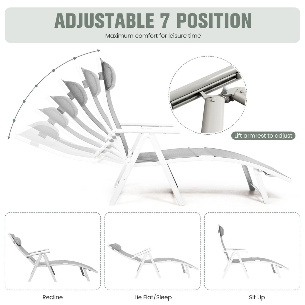 Folding Chaise Lounge with Removable Cushion and Pillow, 7 Positions, Gray
