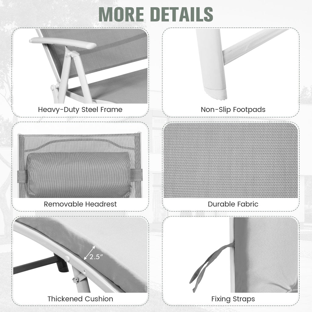 Folding Chaise Lounge with Removable Cushion and Pillow, 7 Positions, Gray