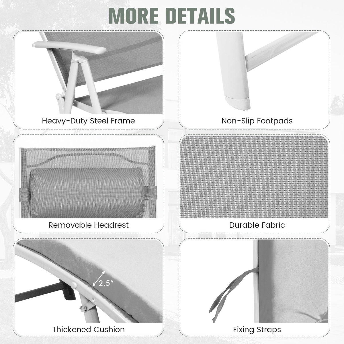 Folding Chaise Lounge with Removable Cushion and Pillow, 7 Positions, Gray