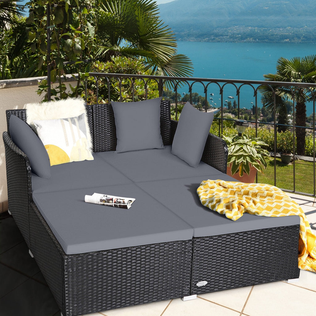 Spacious Rattan Daybed with Upholstered Cushions and Pillows, Gray