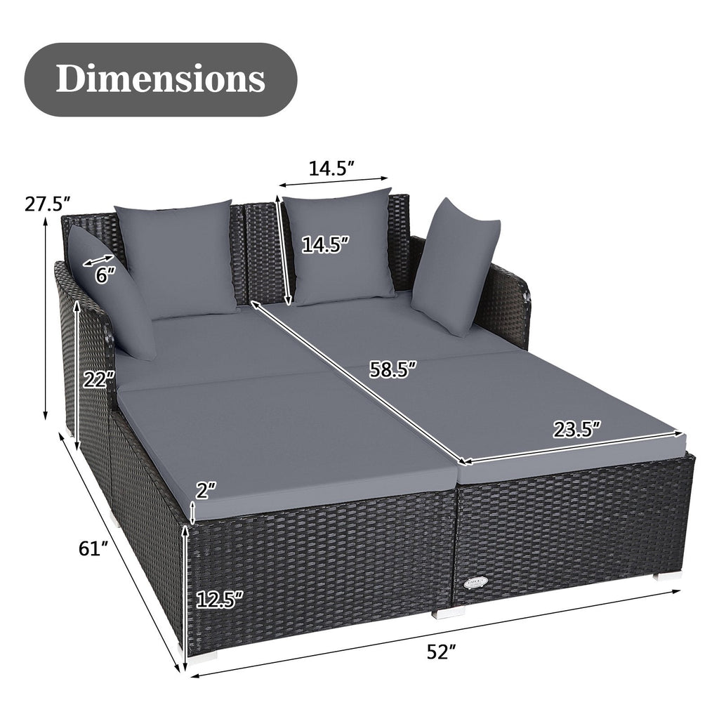 Spacious Rattan Daybed with Upholstered Cushions and Pillows, Gray