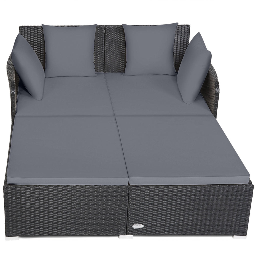 Spacious Rattan Daybed with Upholstered Cushions and Pillows, Gray