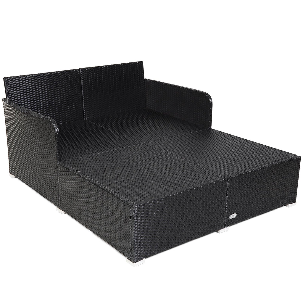 Spacious Rattan Daybed with Upholstered Cushions and Pillows, Gray