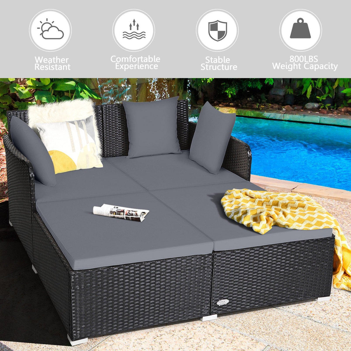 Spacious Rattan Daybed with Upholstered Cushions and Pillows, Gray