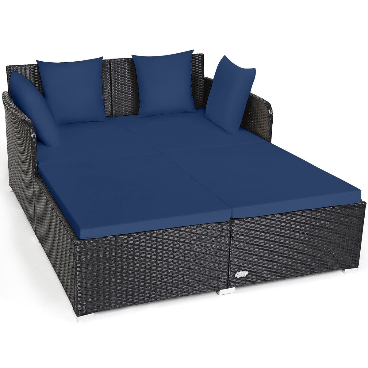 Spacious Rattan Daybed with Upholstered Cushions and Pillows, Navy