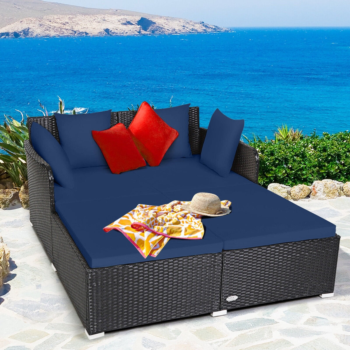 Spacious Rattan Daybed with Upholstered Cushions and Pillows, Navy