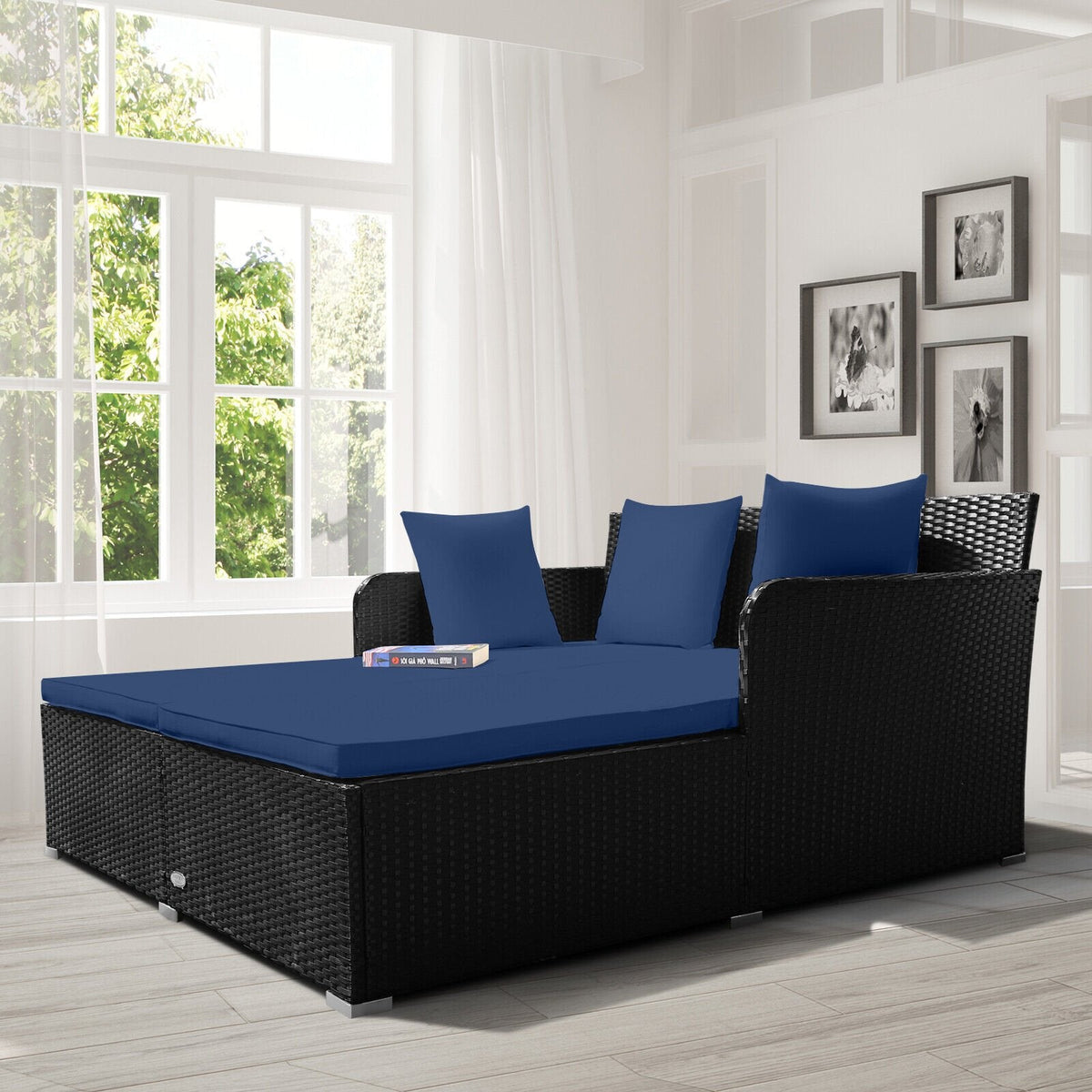 Spacious Rattan Daybed with Upholstered Cushions and Pillows, Navy