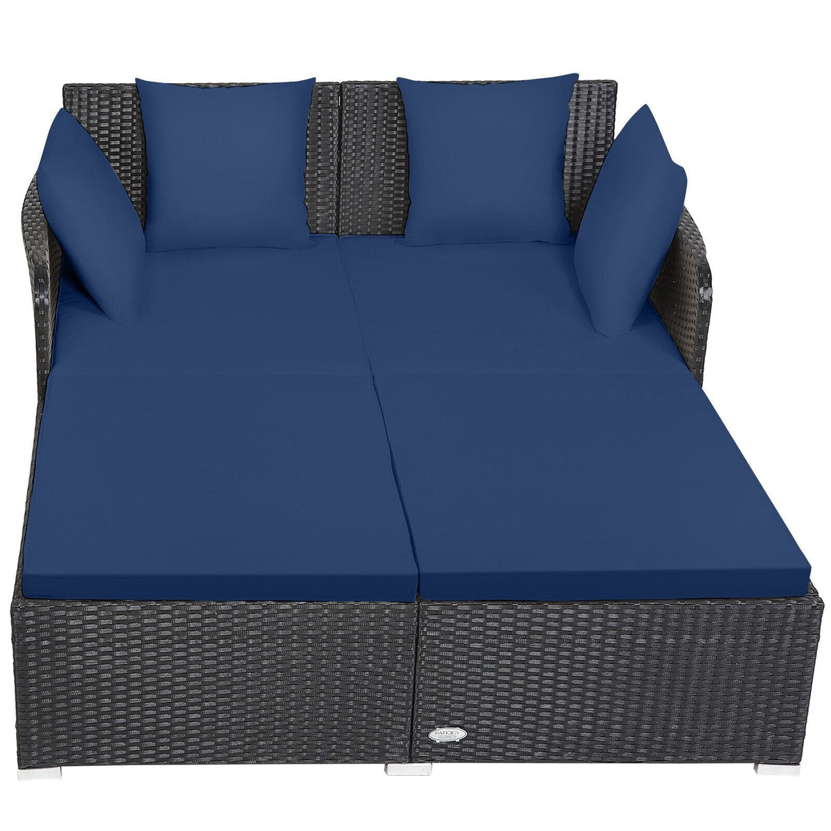 Spacious Rattan Daybed with Upholstered Cushions and Pillows, Navy