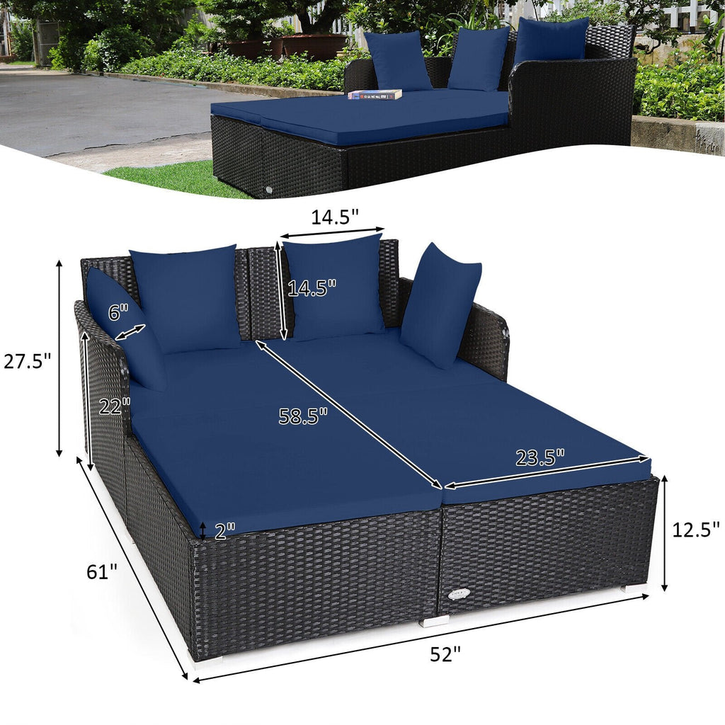 Spacious Rattan Daybed with Upholstered Cushions and Pillows, Navy