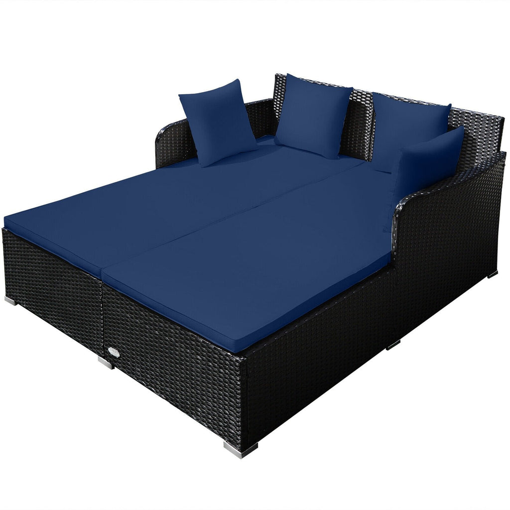 Spacious Rattan Daybed with Upholstered Cushions and Pillows, Navy