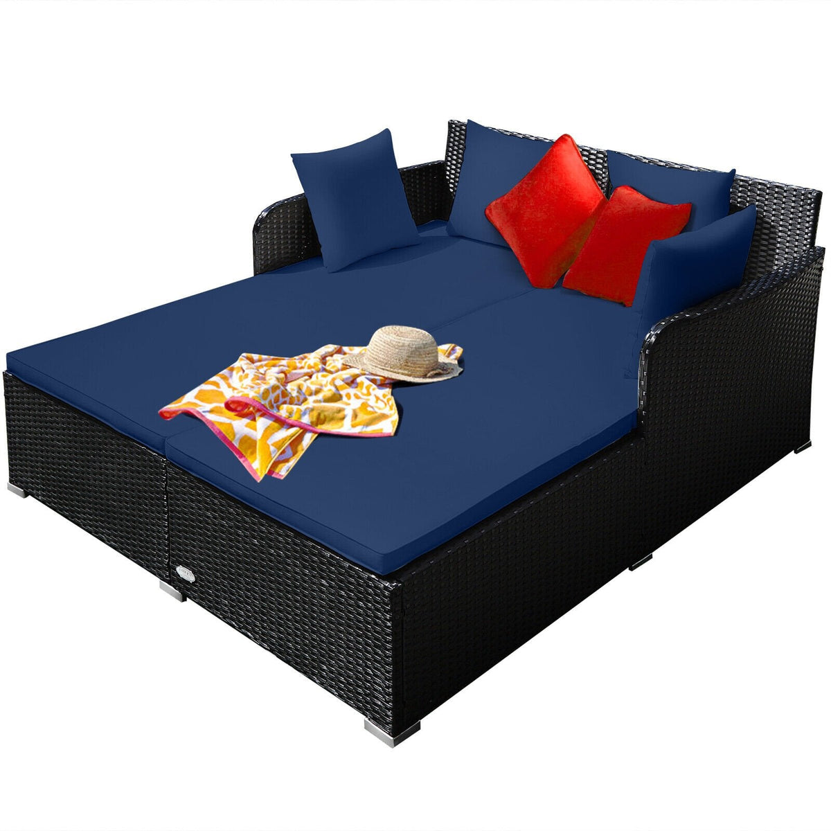 Spacious Rattan Daybed with Upholstered Cushions and Pillows, Navy