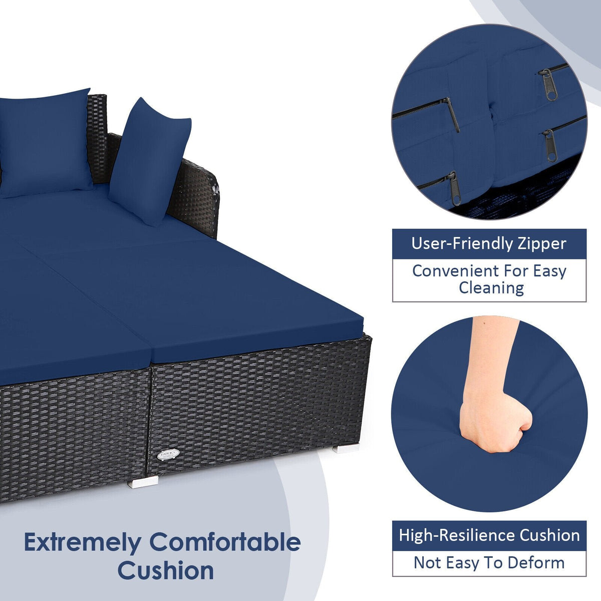 Spacious Rattan Daybed with Upholstered Cushions and Pillows, Navy