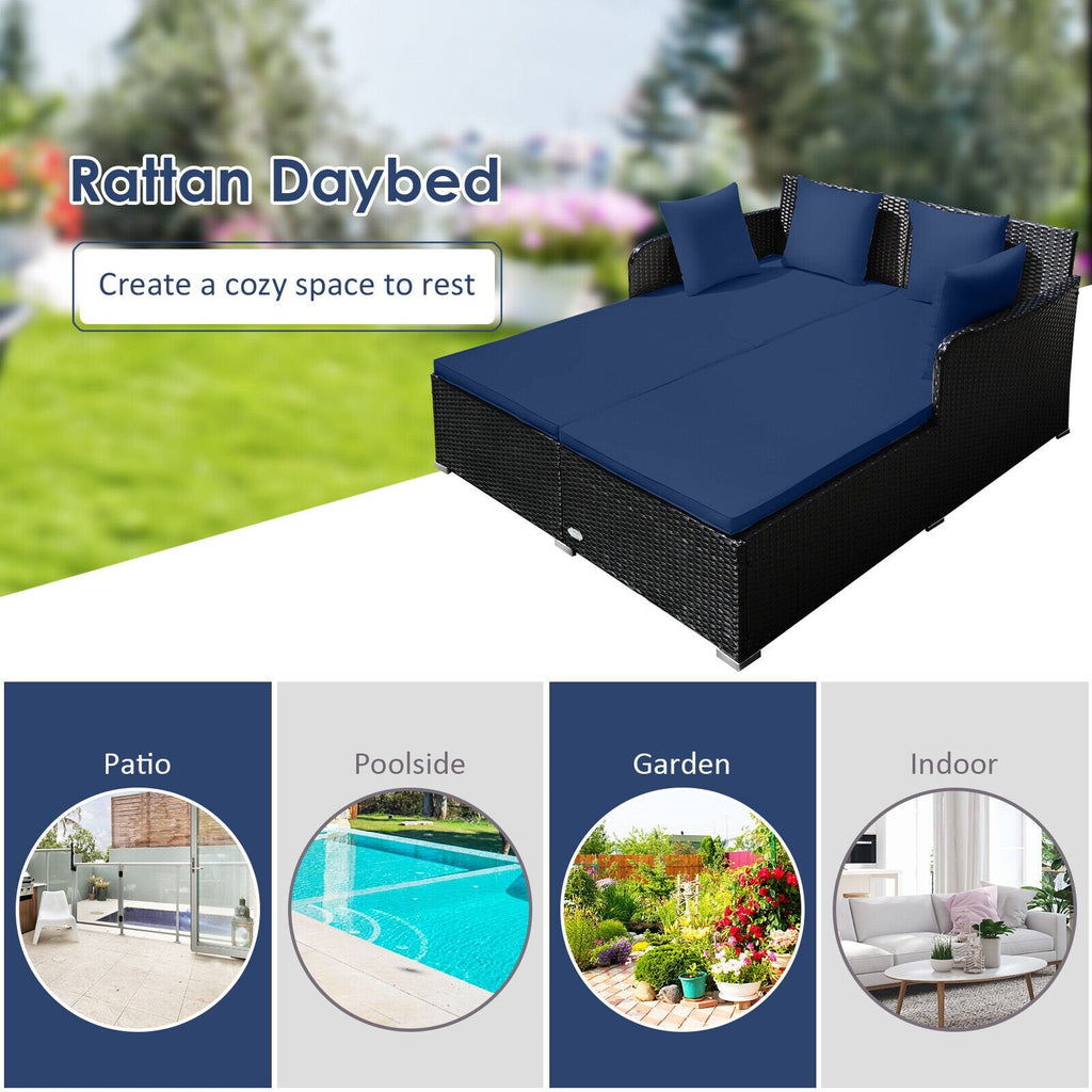 Spacious Rattan Daybed with Upholstered Cushions and Pillows, Navy