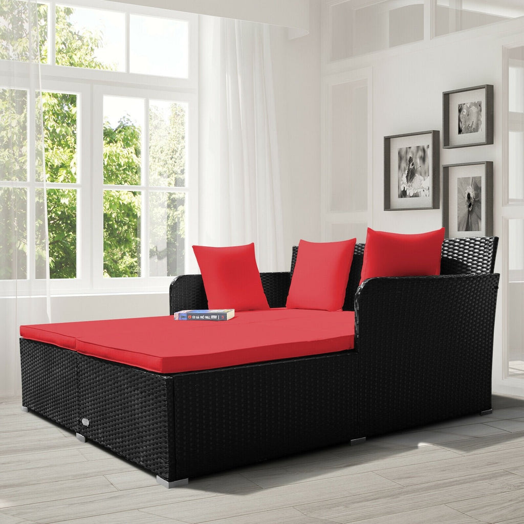 Spacious Rattan Daybed with Upholstered Cushions and Pillows, Red