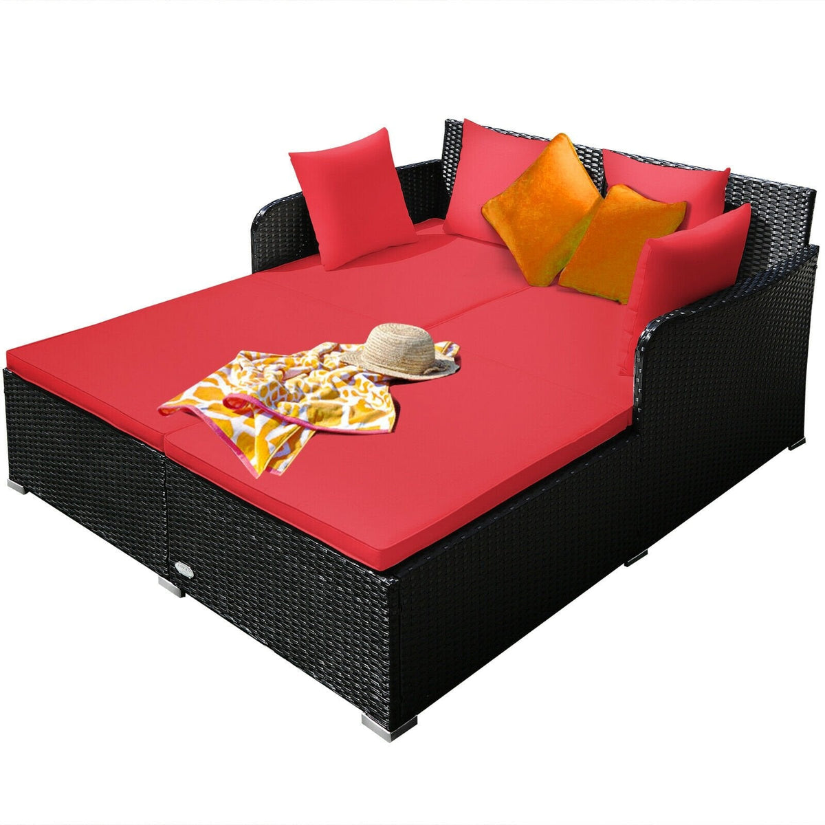 Spacious Rattan Daybed with Upholstered Cushions and Pillows, Red