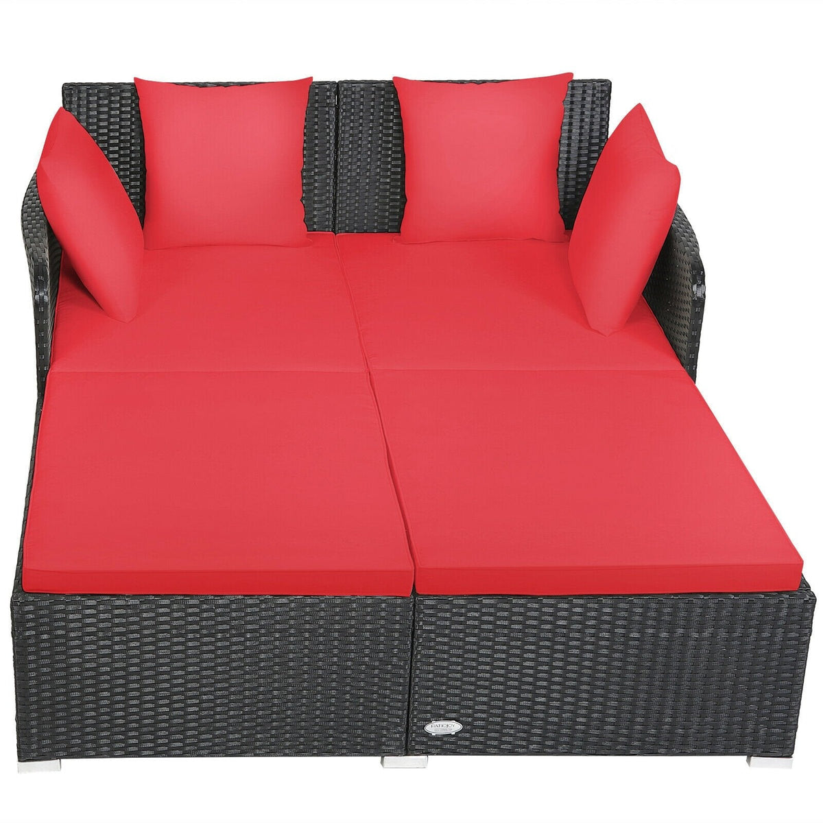 Spacious Rattan Daybed with Upholstered Cushions and Pillows, Red