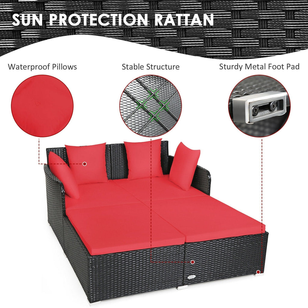 Spacious Rattan Daybed with Upholstered Cushions and Pillows, Red