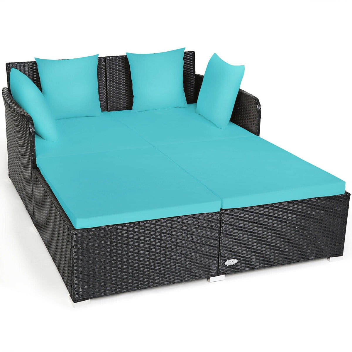 Spacious Rattan Daybed with Upholstered Cushions and Pillows, Turquoise
