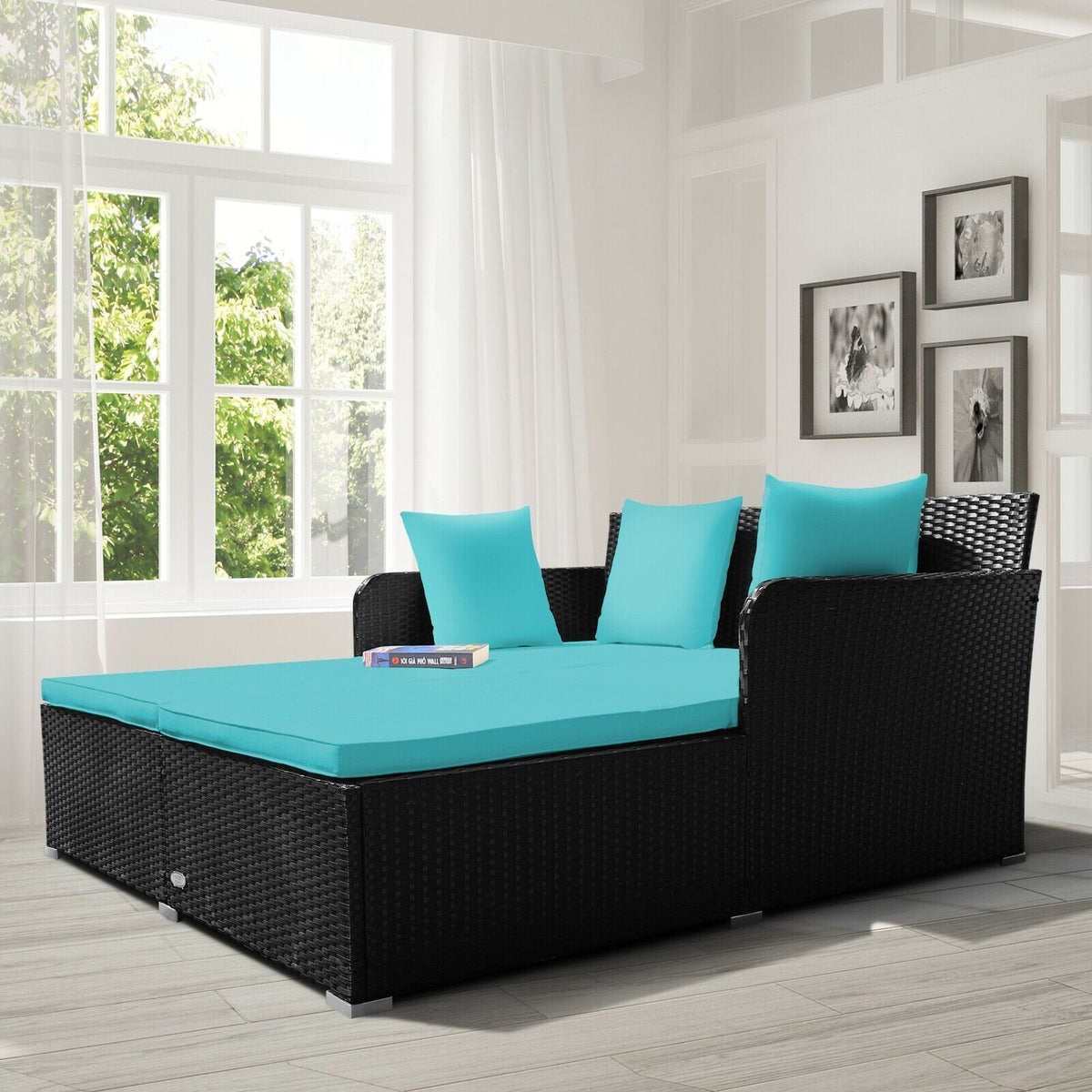Spacious Rattan Daybed with Upholstered Cushions and Pillows, Turquoise