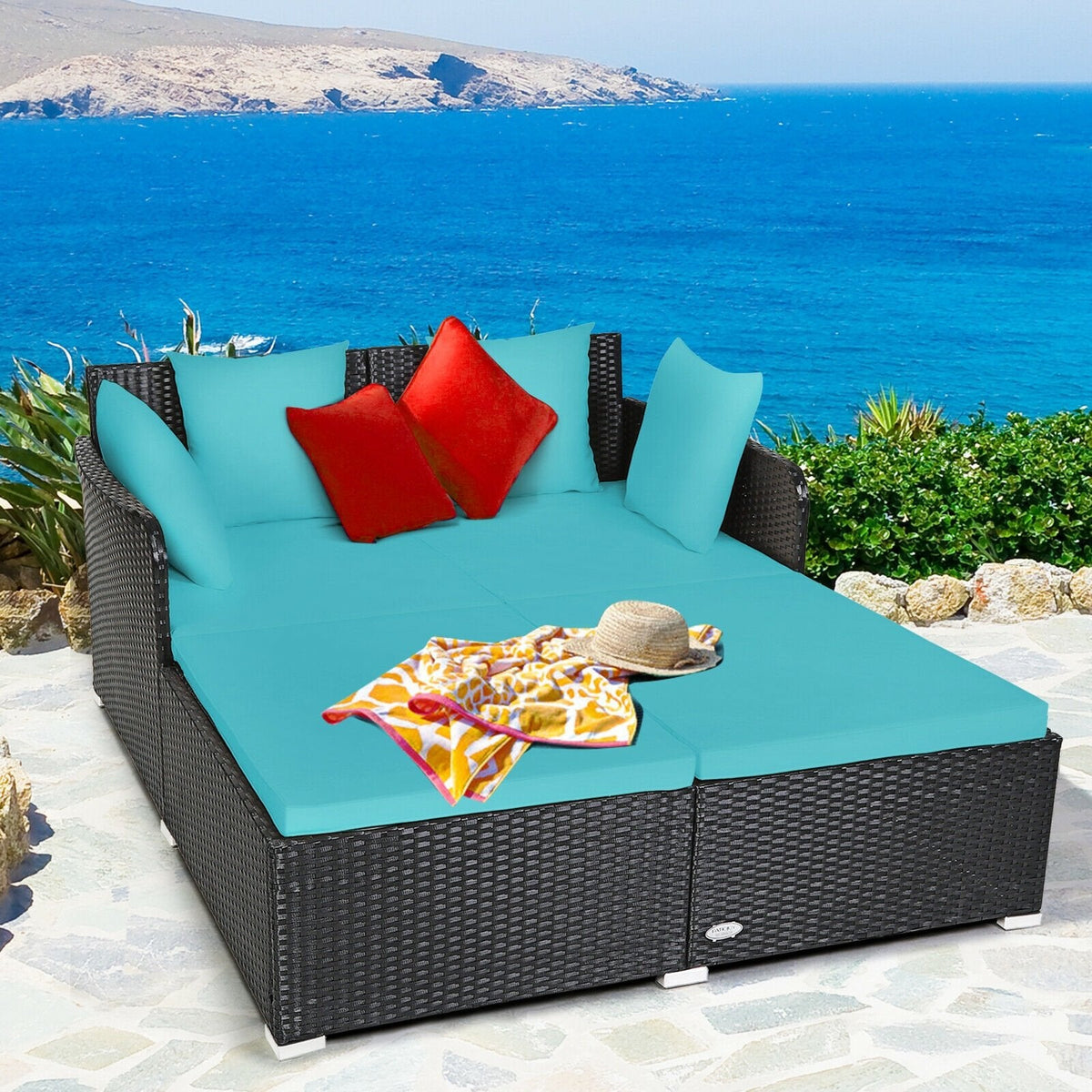 Spacious Rattan Daybed with Upholstered Cushions and Pillows, Turquoise