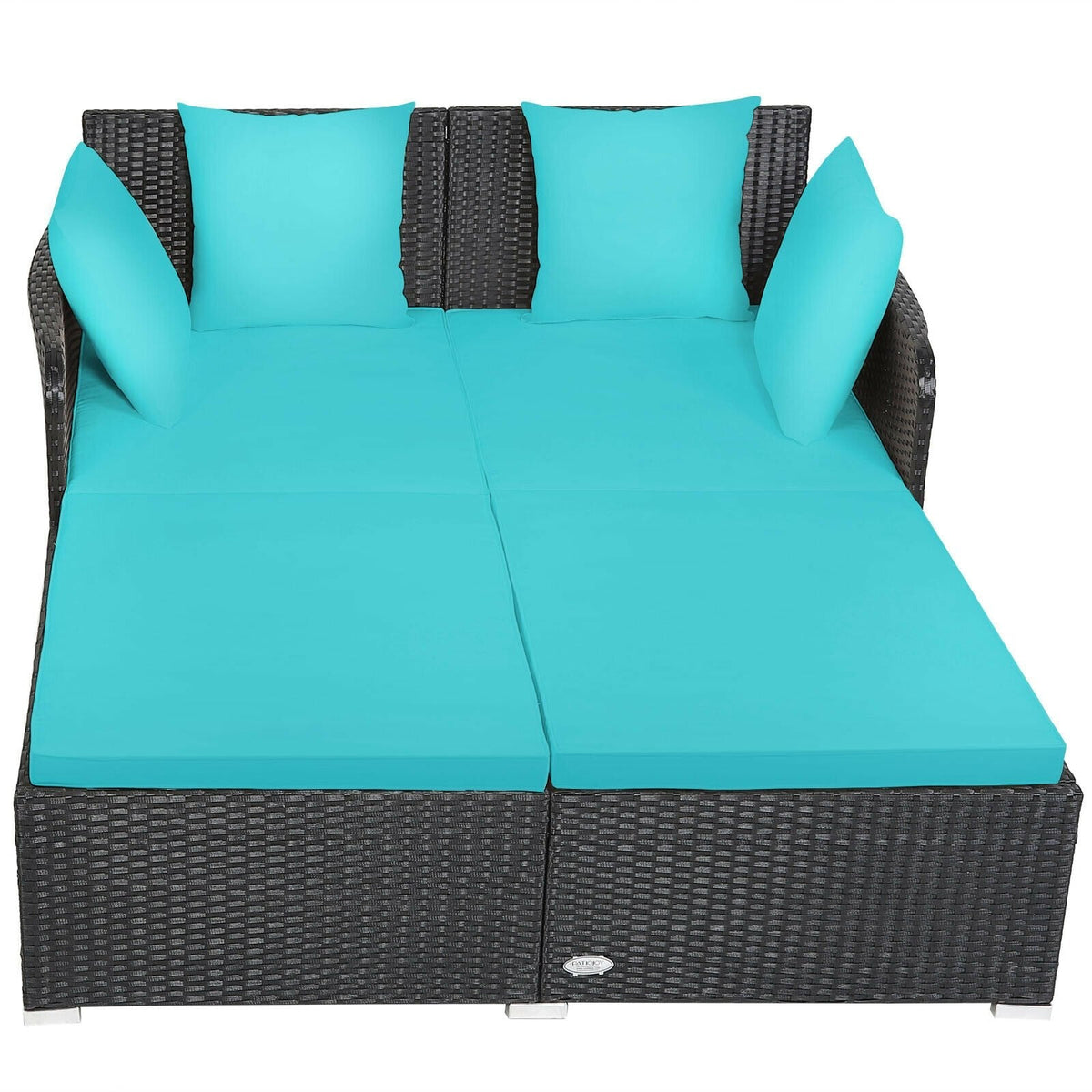 Spacious Rattan Daybed with Upholstered Cushions and Pillows, Turquoise