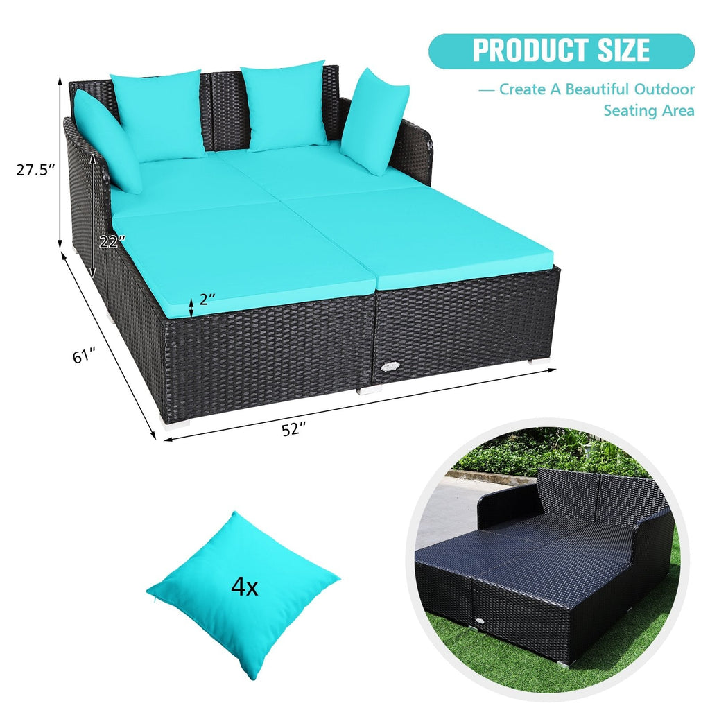Spacious Rattan Daybed with Upholstered Cushions and Pillows, Turquoise
