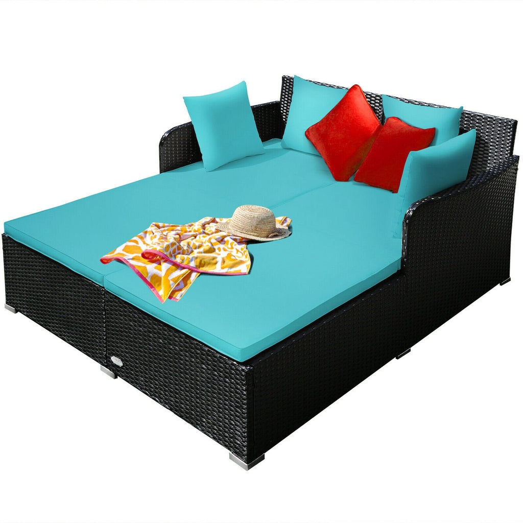 Spacious Rattan Daybed with Upholstered Cushions and Pillows, Turquoise