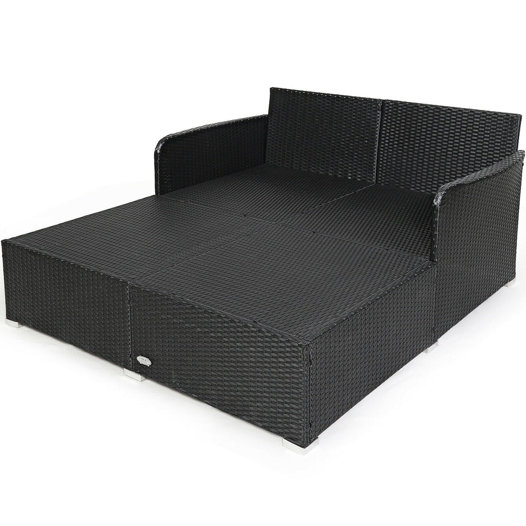 Spacious Rattan Daybed with Upholstered Cushions and Pillows, Turquoise