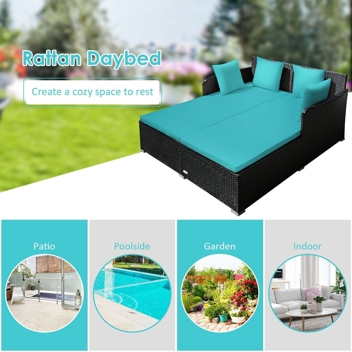 Spacious Rattan Daybed with Upholstered Cushions and Pillows, Turquoise