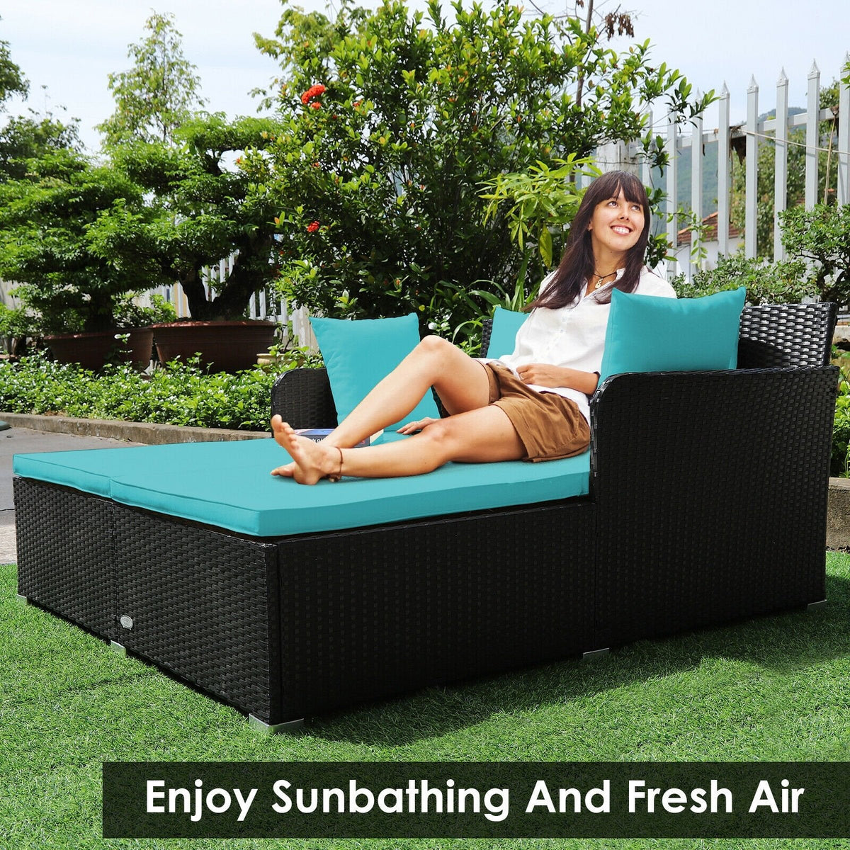 Spacious Rattan Daybed with Upholstered Cushions and Pillows, Turquoise