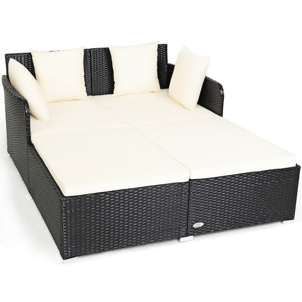 Spacious Rattan Daybed with Upholstered Cushions and Pillows, Off White