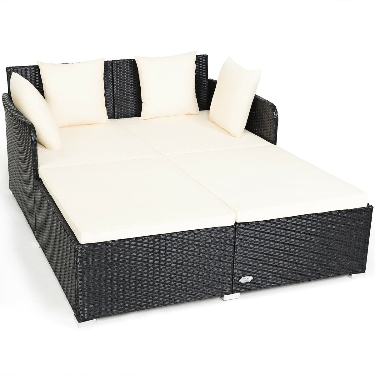 Spacious Rattan Daybed with Upholstered Cushions and Pillows, Off White