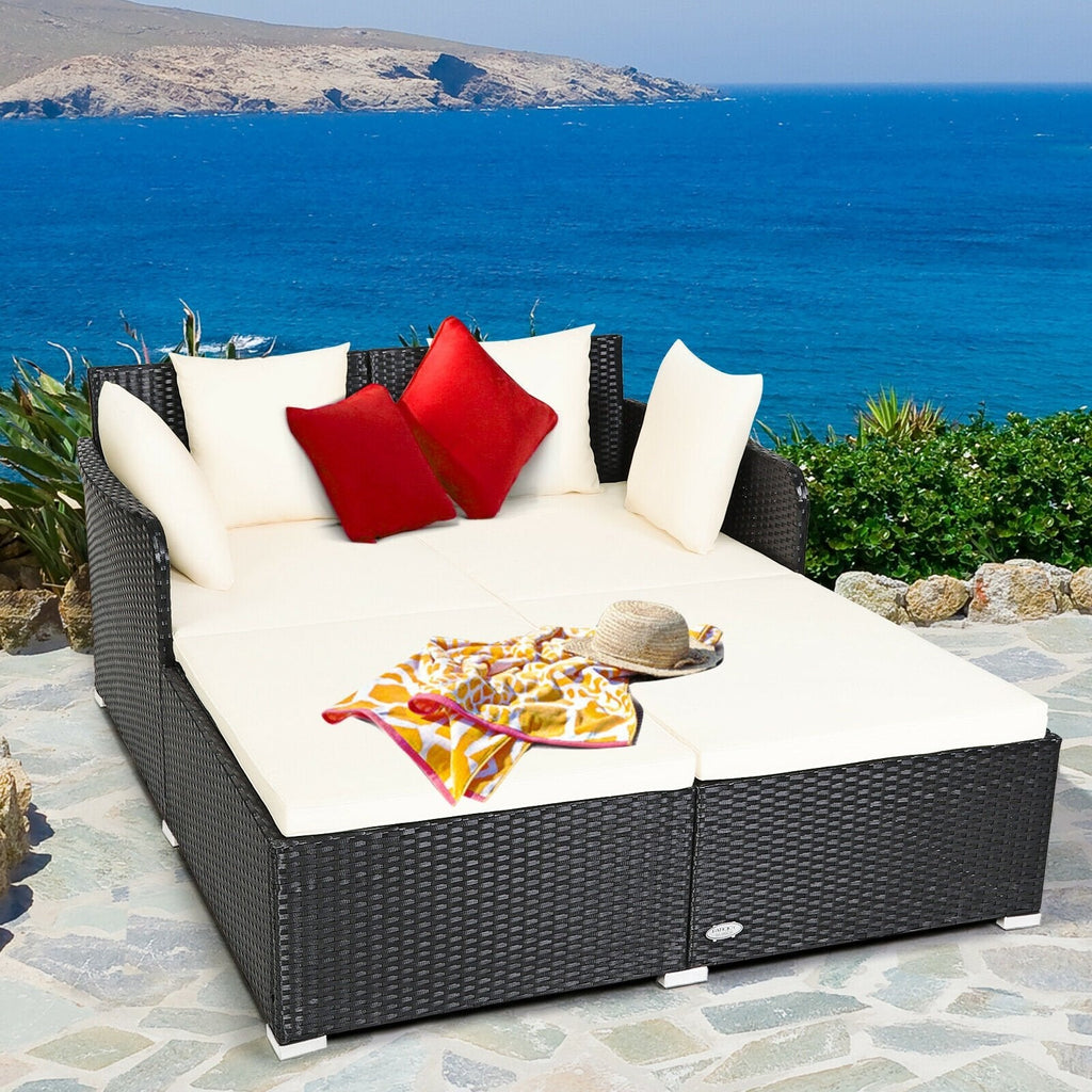 Spacious Rattan Daybed with Upholstered Cushions and Pillows, Off White
