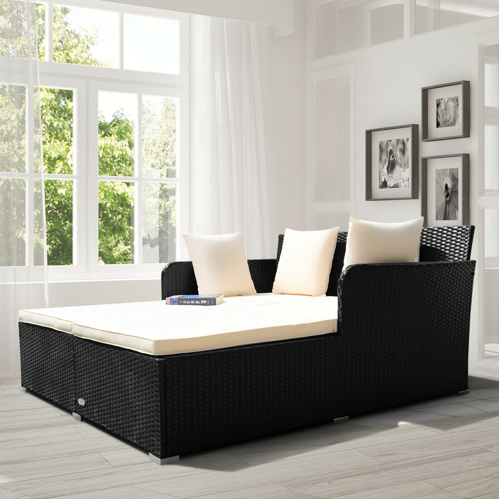 Spacious Rattan Daybed with Upholstered Cushions and Pillows, Off White