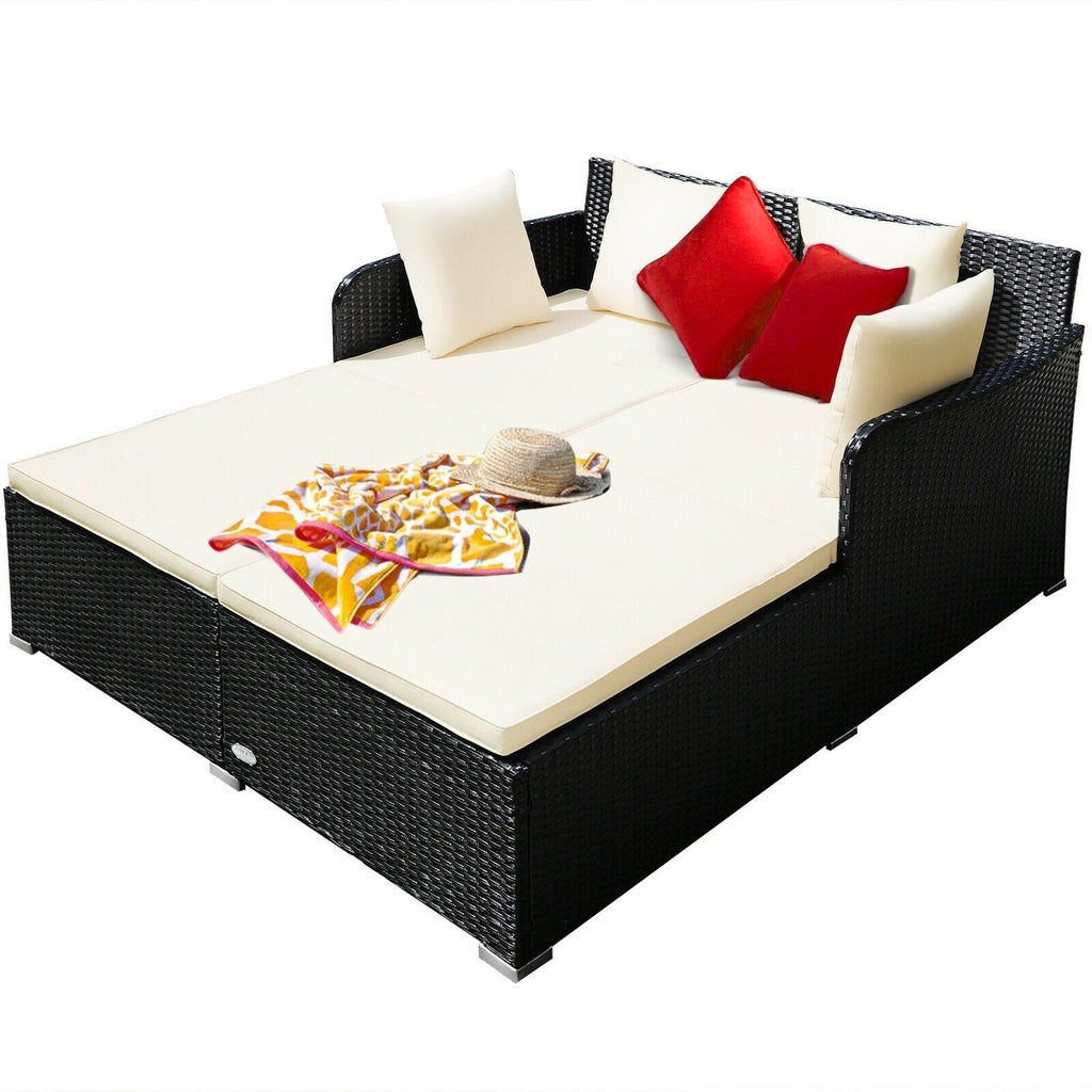Spacious Rattan Daybed with Upholstered Cushions and Pillows, Off White