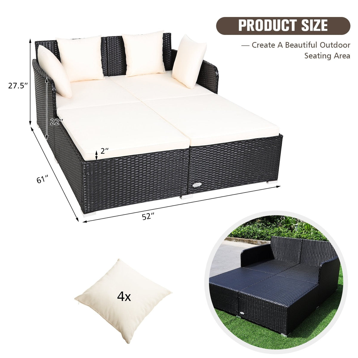 Spacious Rattan Daybed with Upholstered Cushions and Pillows, Off White