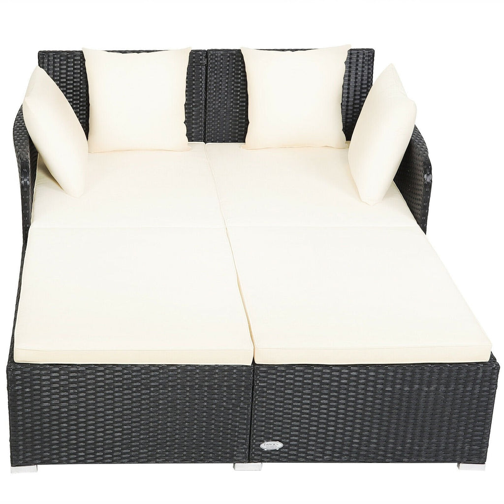 Spacious Rattan Daybed with Upholstered Cushions and Pillows, Off White