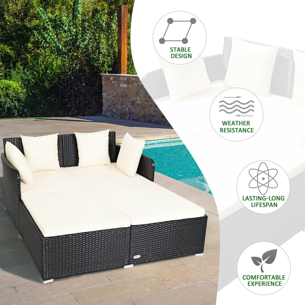 Spacious Rattan Daybed with Upholstered Cushions and Pillows, Off White