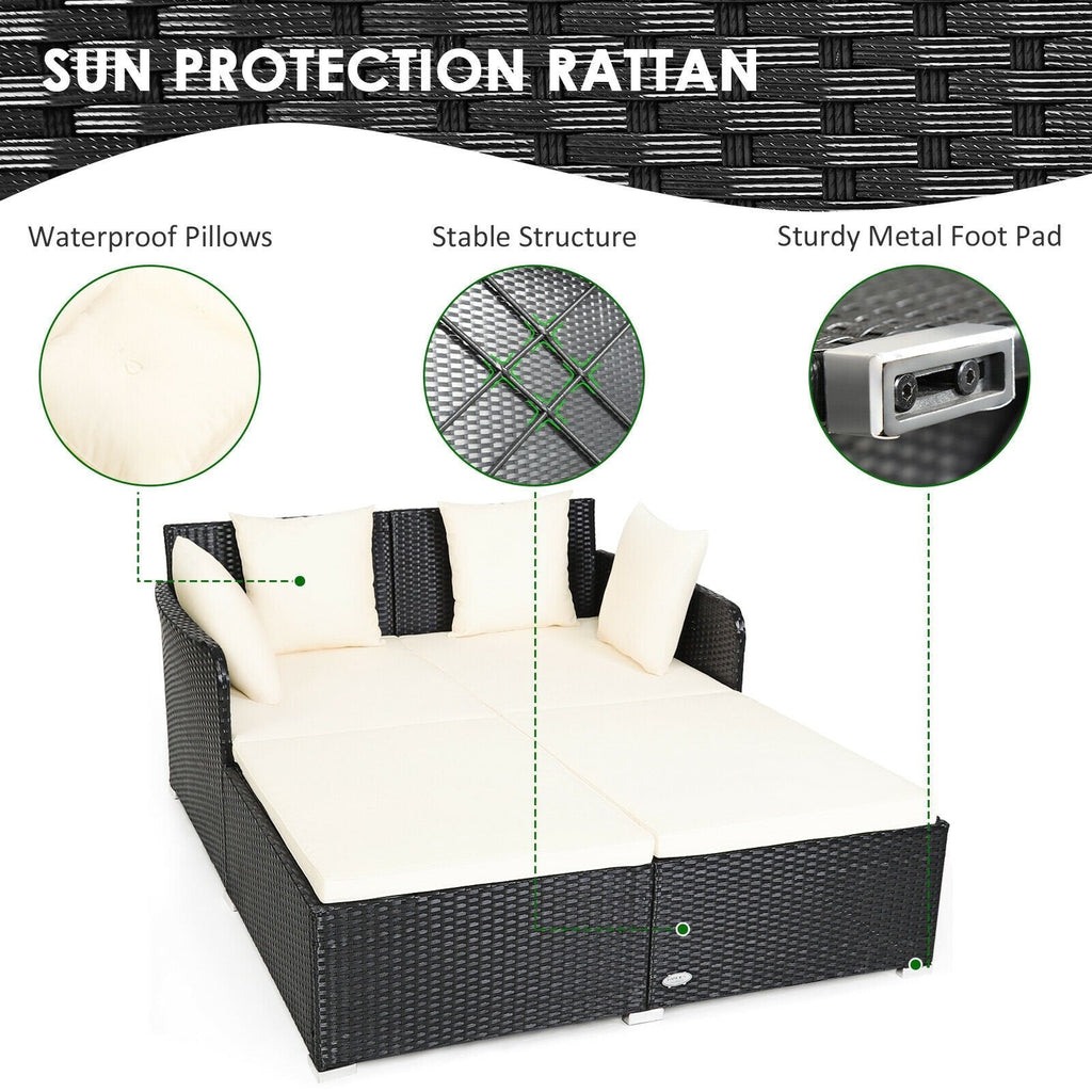Spacious Rattan Daybed with Upholstered Cushions and Pillows, Off White
