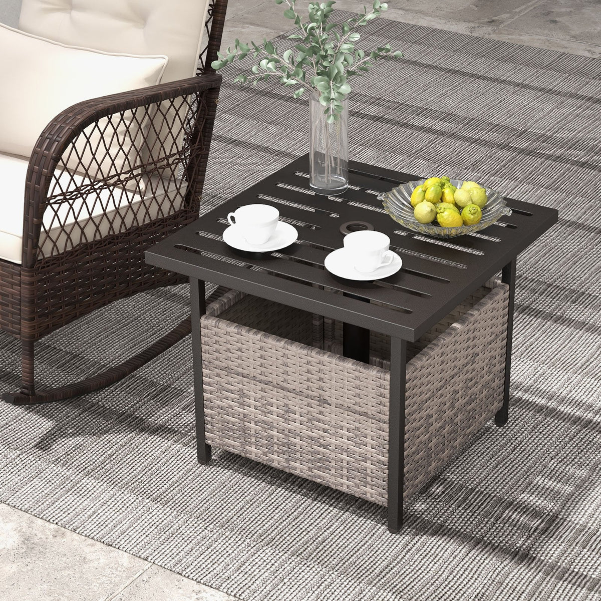 Outdoor Patio Rattan Wicker Steel Side Deck Table-Gray