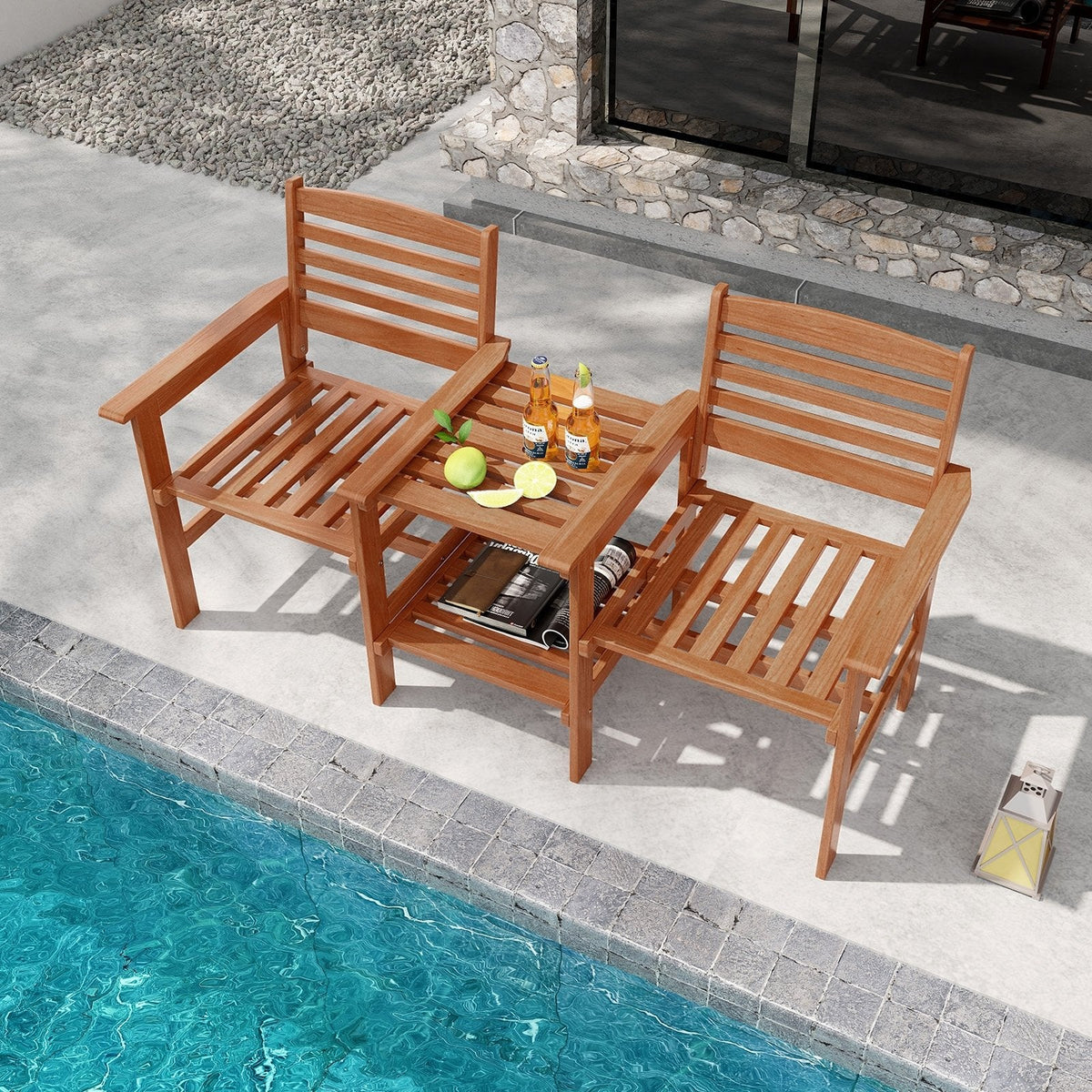 Wood Patio Two Seat Bench with Built In Two Tier Table and Umbrella Hole
