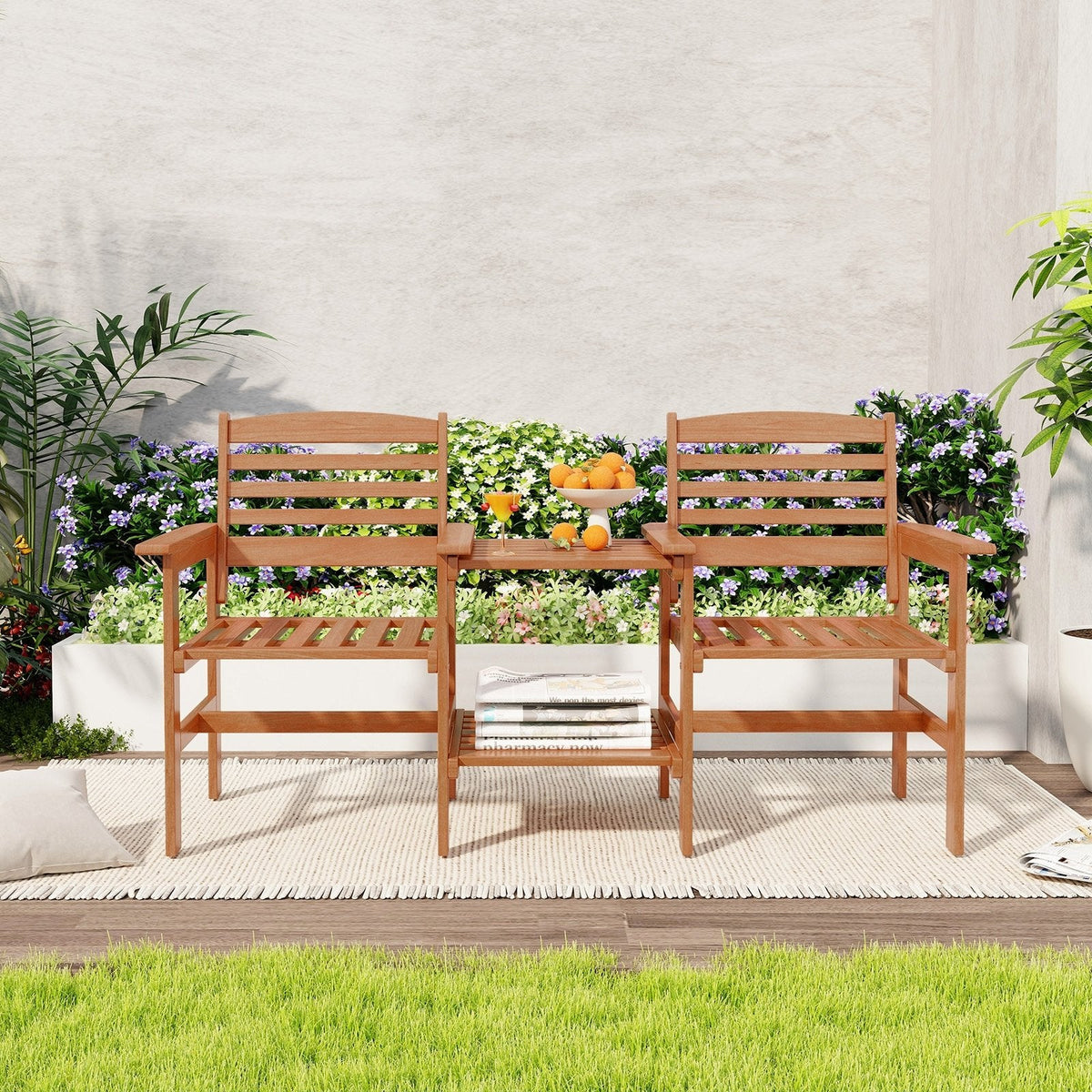 Wood Patio Two Seat Bench with Built In Two Tier Table and Umbrella Hole