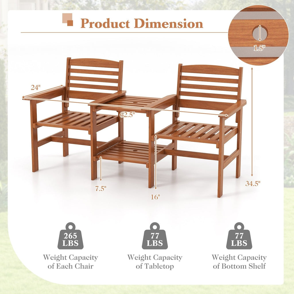 Wood Patio Two Seat Bench with Built In Two Tier Table and Umbrella Hole