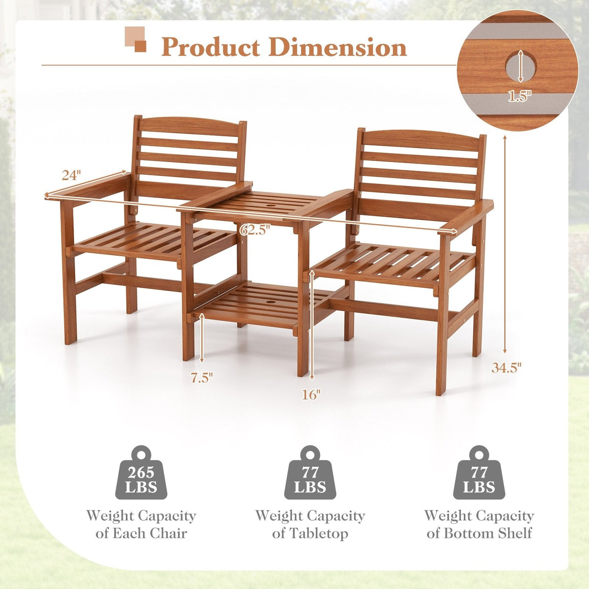 Wood Patio Two Seat Bench with Built In Two Tier Table and Umbrella Hole