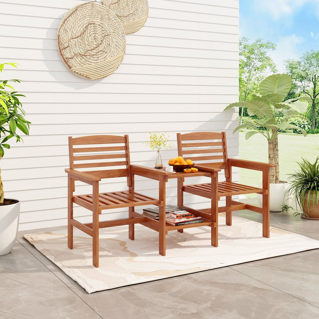 Wood Patio Two Seat Bench with Built In Two Tier Table and Umbrella Hole
