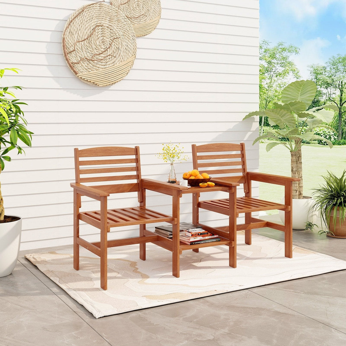 Wood Patio Two Seat Bench with Built In Two Tier Table and Umbrella Hole