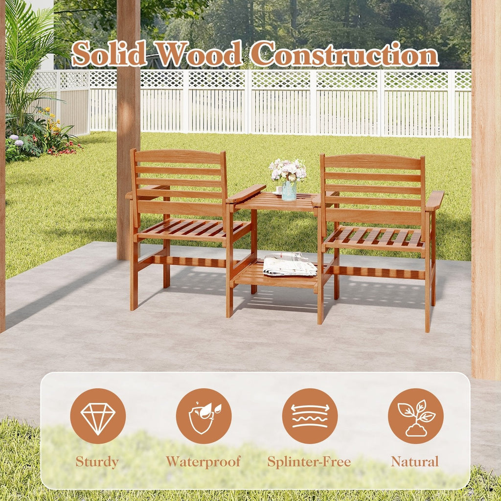 Wood Patio Two Seat Bench with Built In Two Tier Table and Umbrella Hole