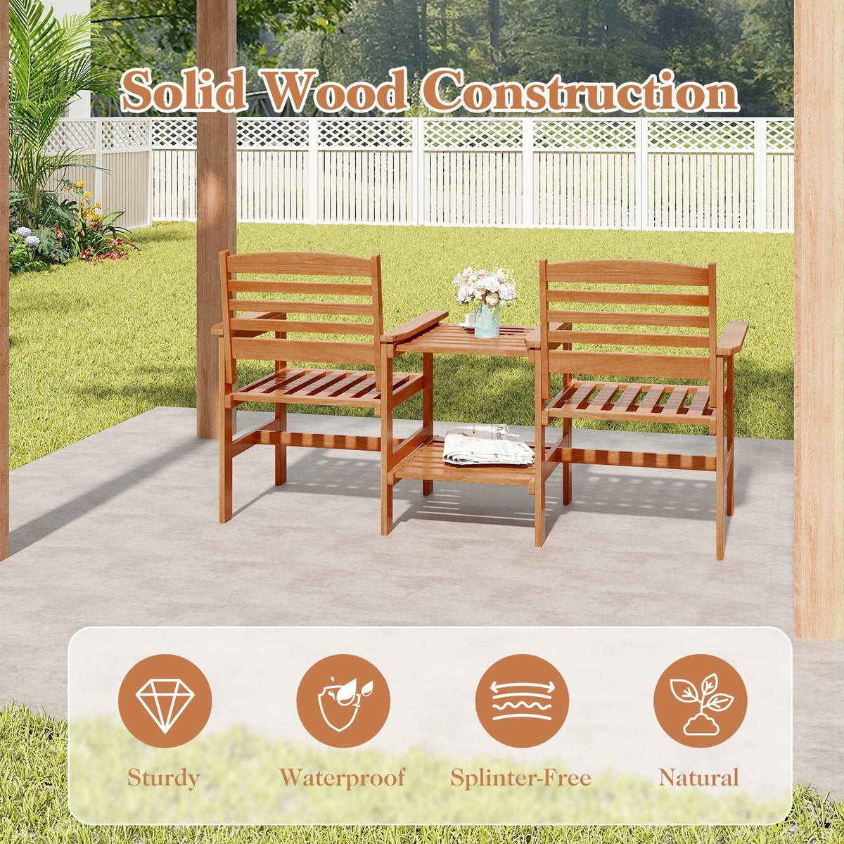 Wood Patio Two Seat Bench with Built In Two Tier Table and Umbrella Hole