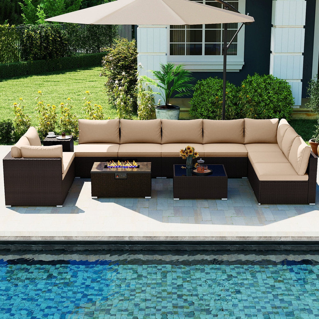 12 Piece Wicker Patio Sectional Set with 32 in Propane Fire Pit Table and Tank Holder, Beige